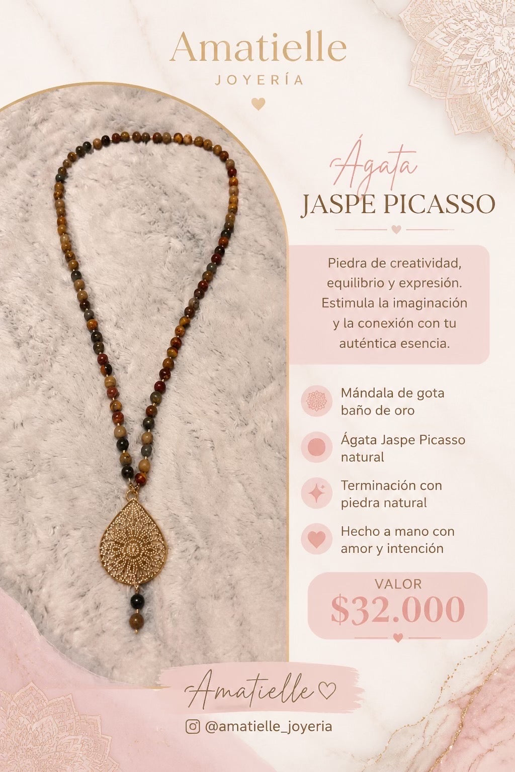 Collar agatas jaspe picasso y mandala de gota
