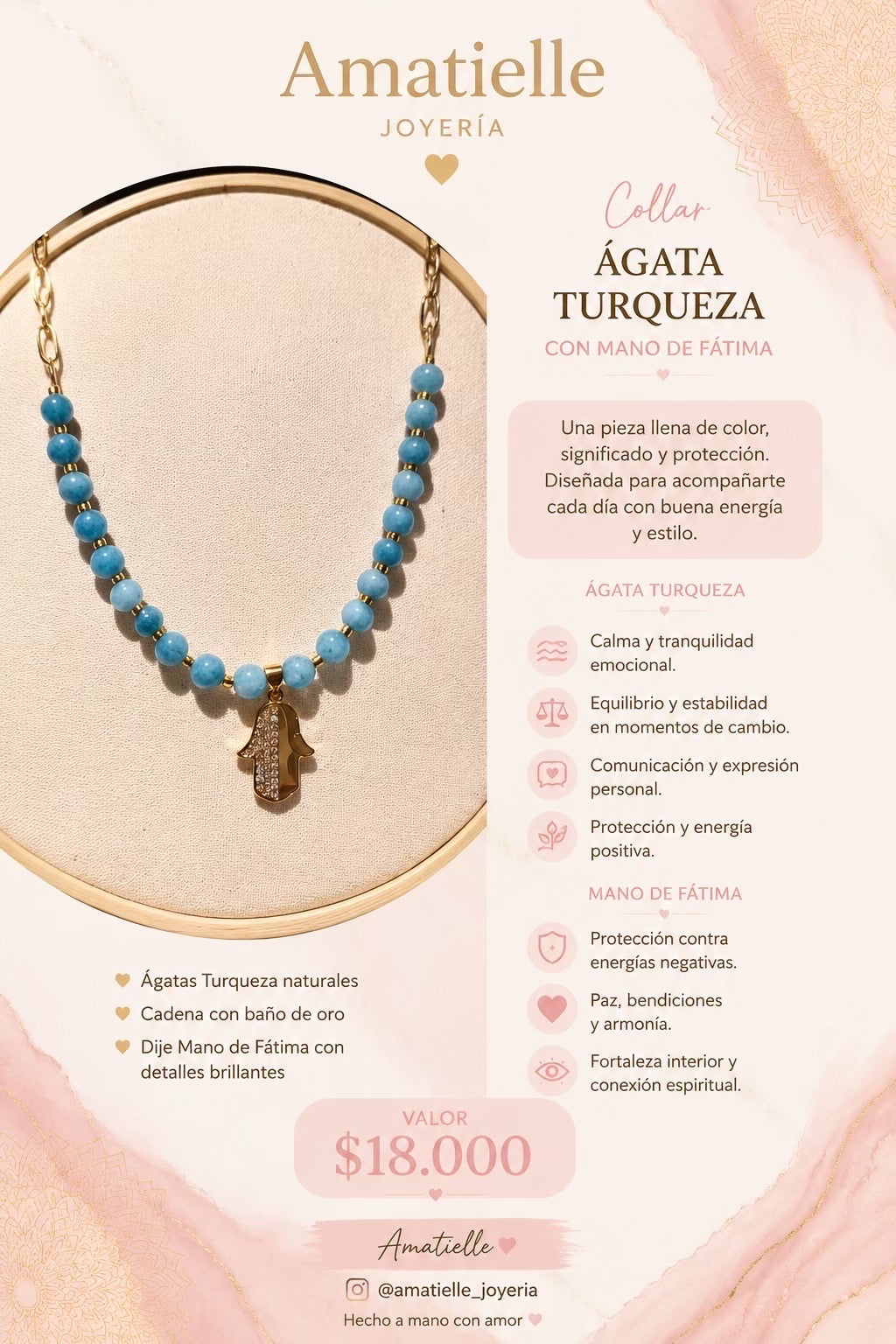 Collar agatas turquza, cadena y dije de mano protectora de Fatima.
