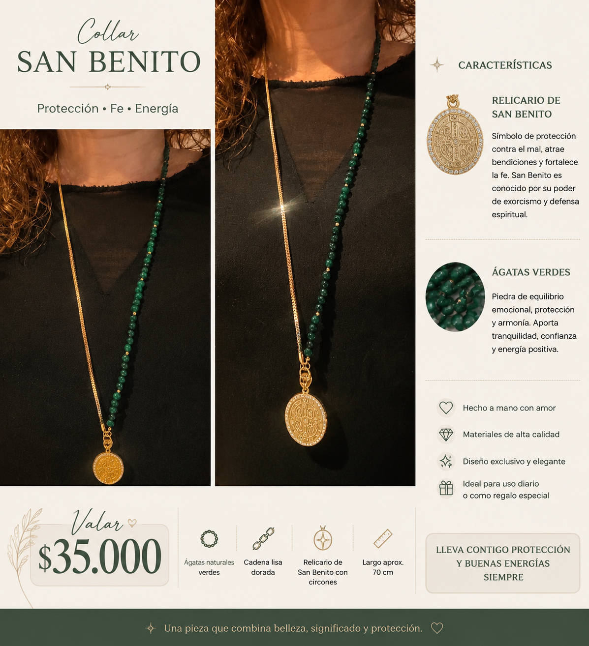 Collar agatas verdes facetadas, cadena y relicario de San Benito