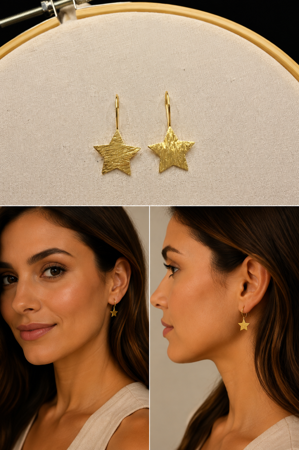 Aros Colgantes Estrella Dorada Textura Cepillada