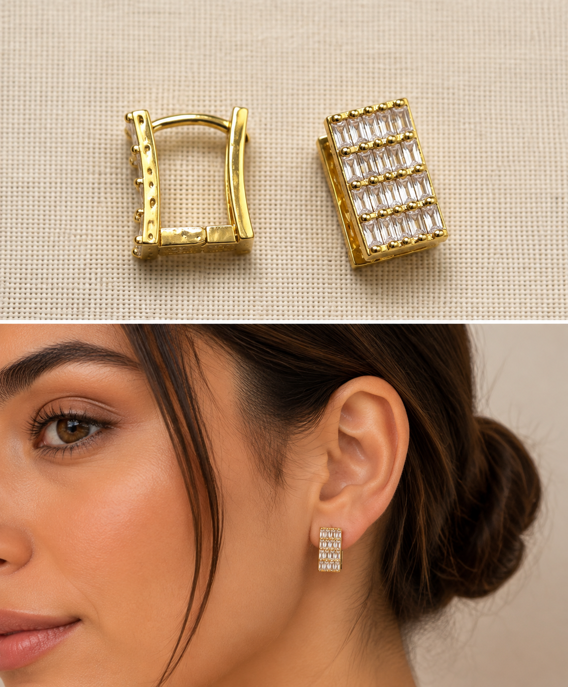 Aros Huggie Rectangular Dorado con Piedras Baguette